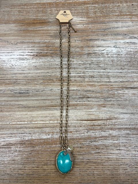 Long Gold Turq Oval Cross Necklace