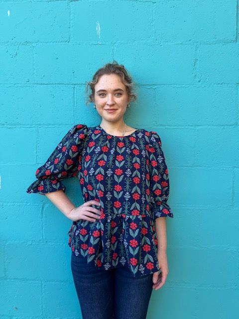Navy Floral Pierce Flounce Top