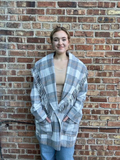 Hartford Gray Cream Plaid Fringe Coat