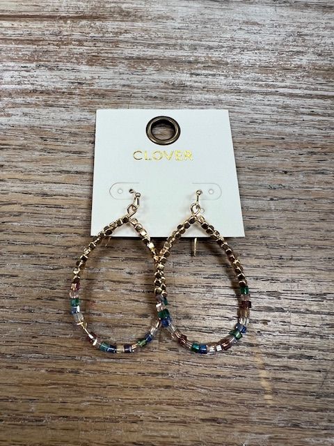 Gold Oval Multi Color Bead Earrings