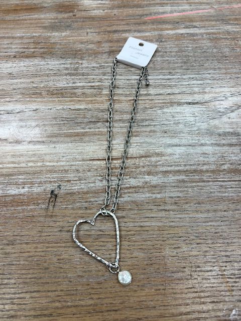 Silver Hammered Heart Pearl Necklace