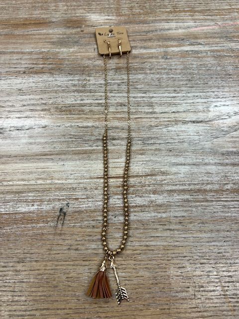 Long Gold Bead Arrow Tassel Necklace