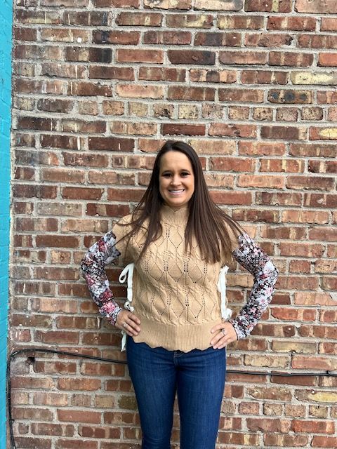 Lainey Beige Hollow Knit Scallop Mock Top