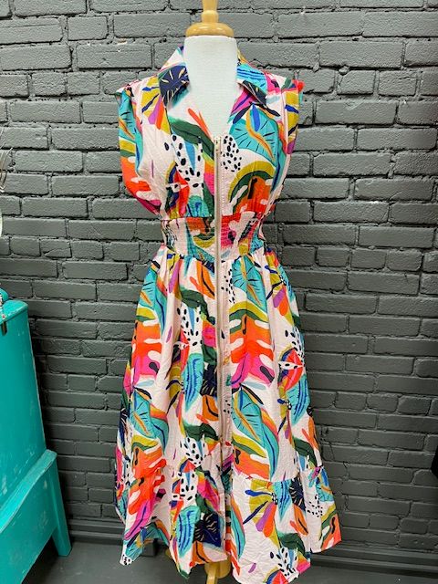 Isla Leaf Print Zip Smock Dress