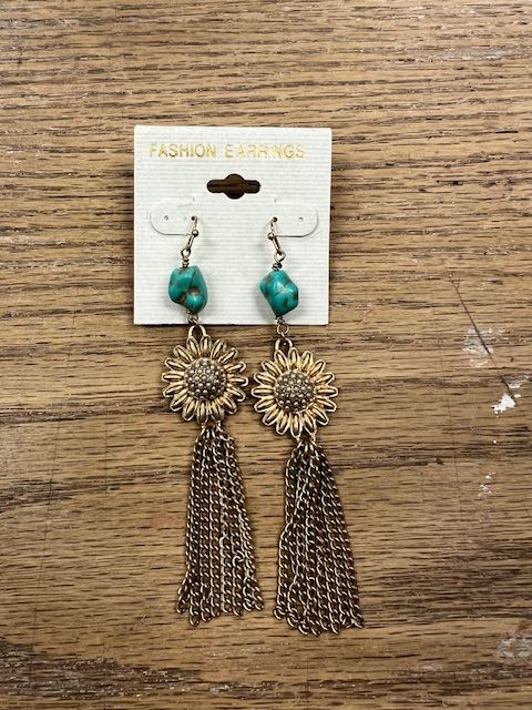Gold Flower Tassel Turq Earrings