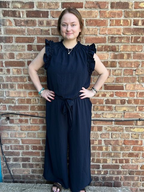 Arlette Navy Ruffle Tie Jumpsuit