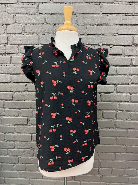 Connie Cherry Print Ruffle Neck Top