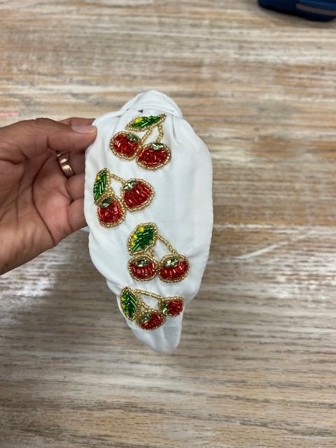Cherry Beaded White Knot Headband