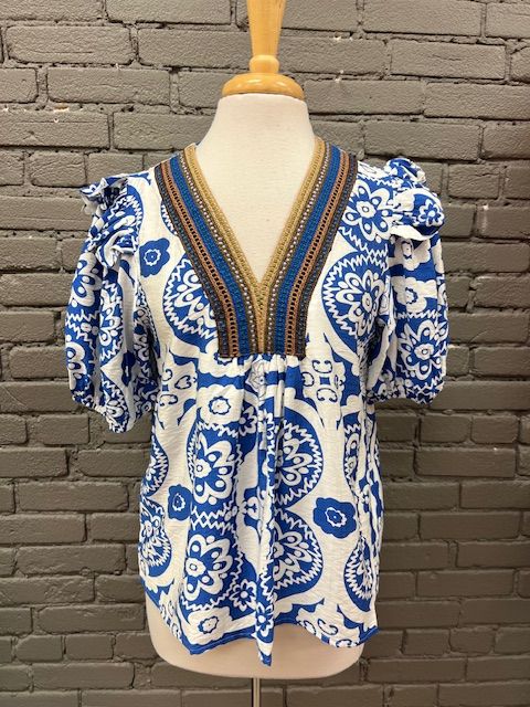 Frankie Paisley Stitched Ruffle Top
