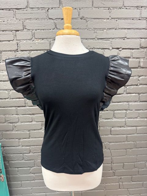 Kenzie Faux Leather Sleeve Ribbed Top
