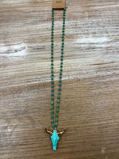Teal Long Beaded Skull Necklace