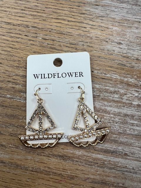 Gold Pearl Rhinestone Sailboat Earrings