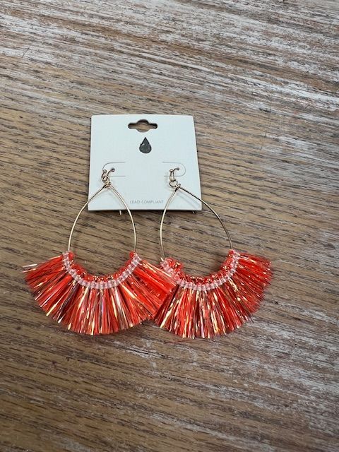 Gold Oval Neon Orange Fringe Earrings