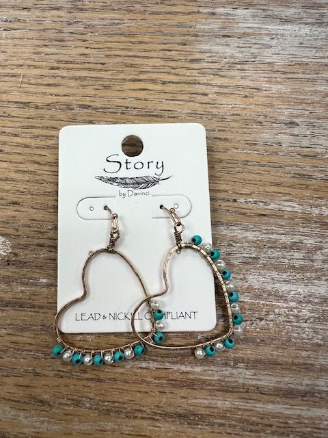 Gold Heart White/Turq Beaded Earrings