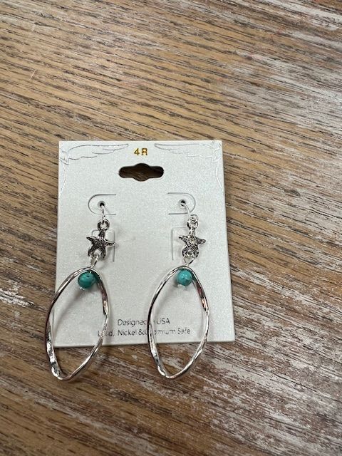 Silver Oval Turq Starfish Earrings