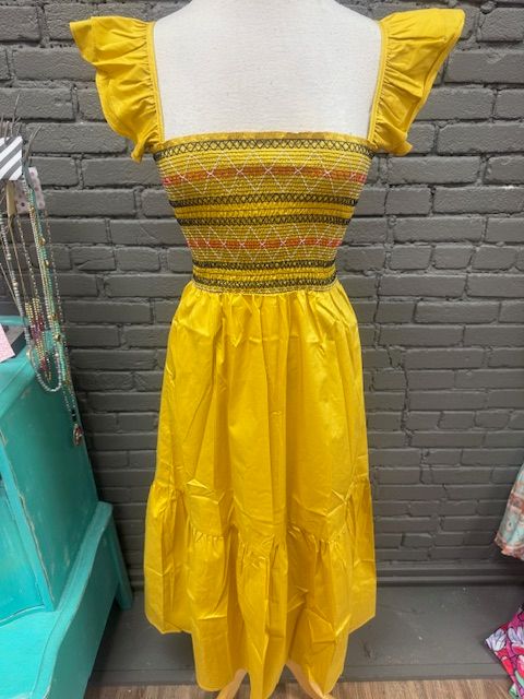 Blaire Mustard Smock Embroid Tiered Midi Dress