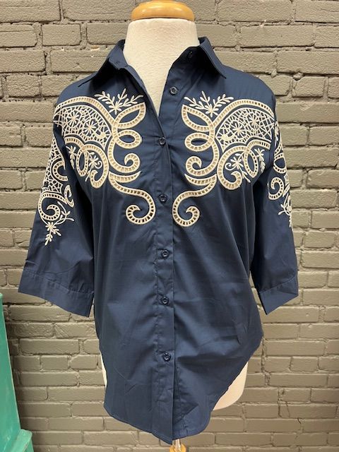 Willa Navy Embroid Button Shirt