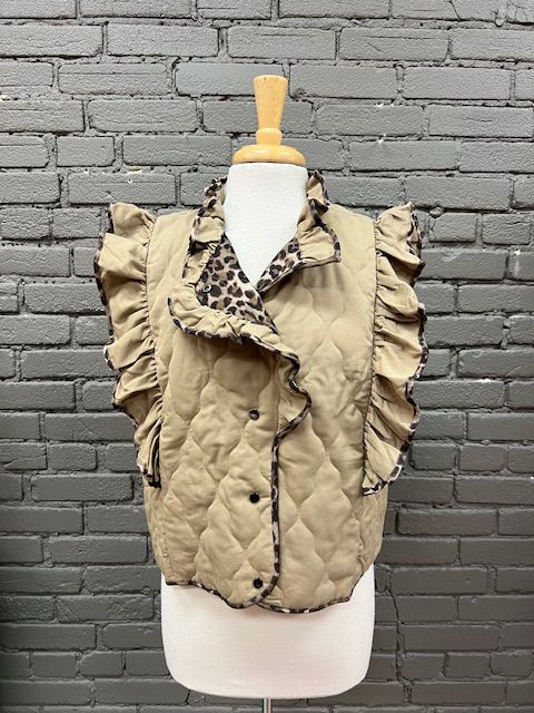 Ashlyn Tan Quilted Ruffle Leo Trim Vest