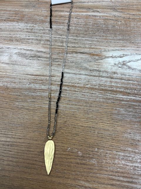 Black Gray Beads Gold Leaf Necklace