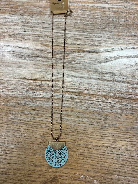 Gold Necklace w/ Teal Leather Design