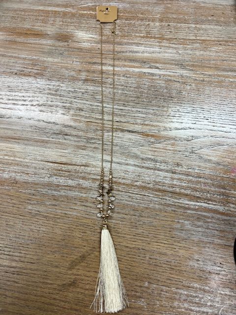 Long Gold Bead Stone Tassel Necklace