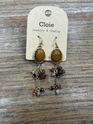 Gold Oval Stone Beaded Earrings