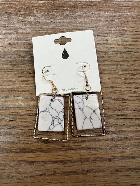 Gold White Square Stone Earrings