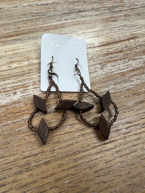 Bronze Beaded Brown Wood Earrings