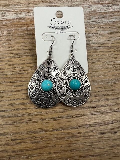 Silver Teardrop Turq Stone Earrings