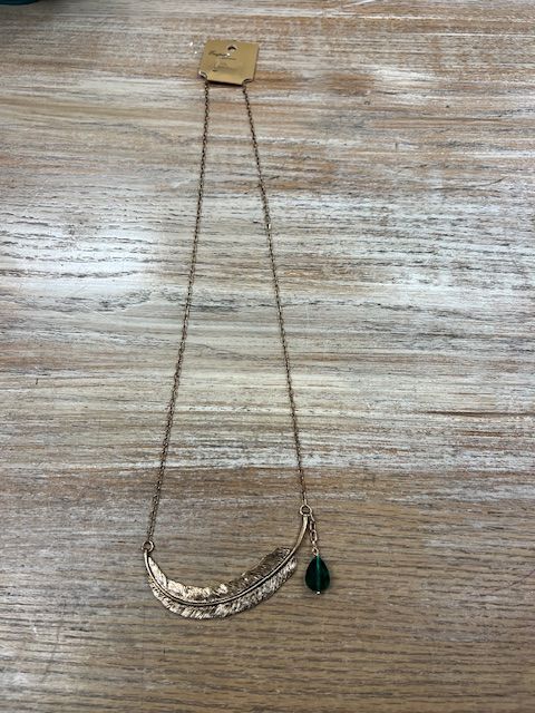 Long Gold Feather w/ Green Gem