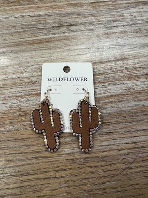 Brown Leather Cactus w/ Gems Earrings