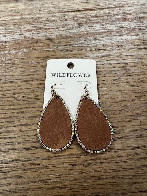 Brown Leather Teardrop Earrings w/ Gems