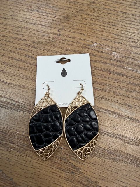 Gold Filigree Earrings w/ Black Leather