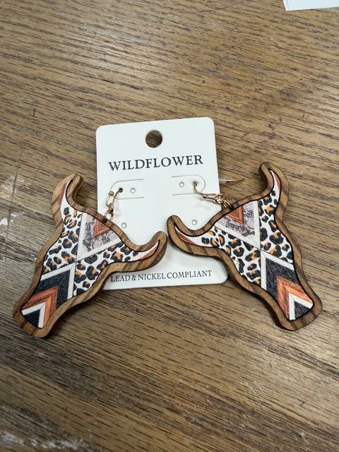 Bull Skull Wood Earrings