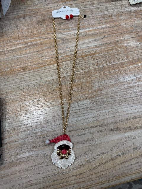 Long Gold Santa Pendant Necklace
