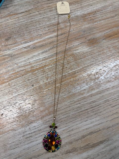 Long Multi Color Rhinestone Pendant Necklace