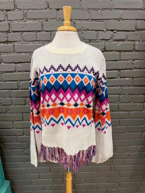Blake Abstract Print Fringe Sweater