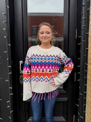 Blake Abstract Print Fringe Sweater