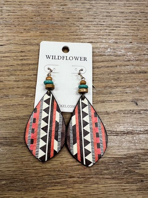 Leather Teardrop Aztec Bead Earrings