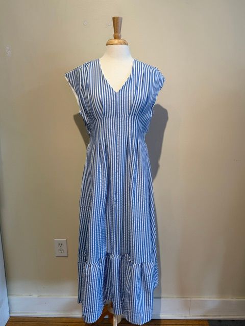 Cat Blue Stripe Pleated Smock Midi Dress