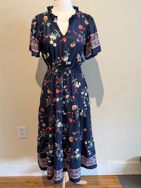 Junie Navy Floral Smocked Midi Dress