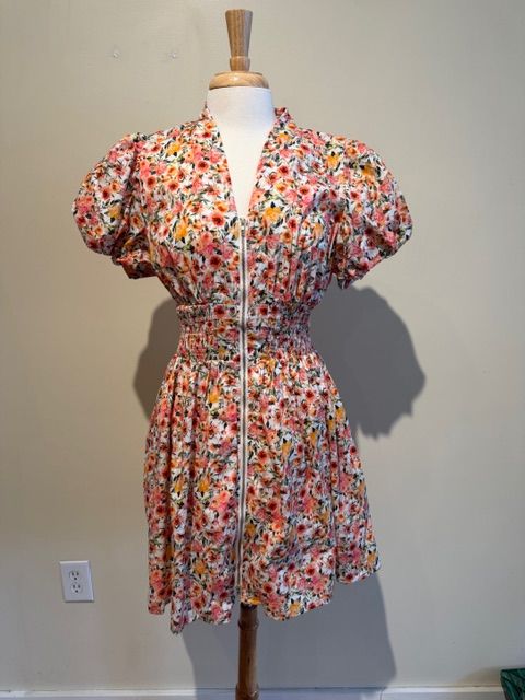 Riley Rose Print Zipper Puff Sleeve Dress