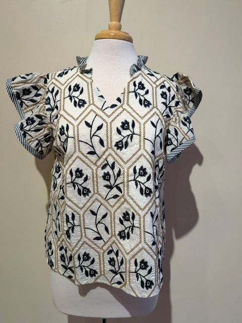 Tiff Floral Flutter Sleeve Embroid Top