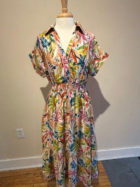 Frankie Tropical Floral Smock Midi Dress