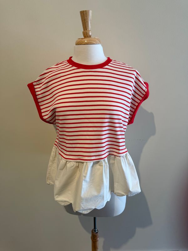 Briar Red Stripe Scallop Hem Top