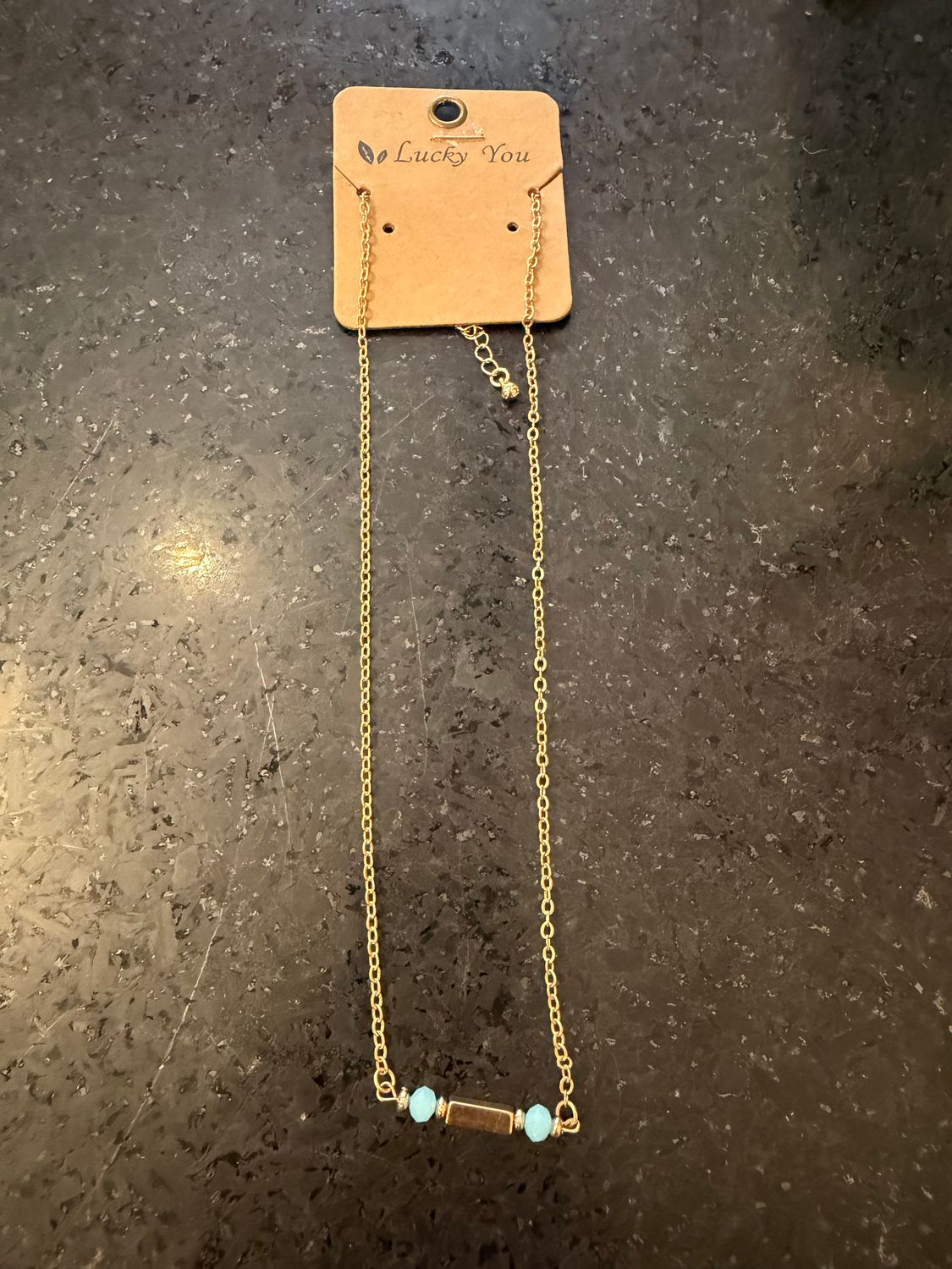 Gold Bar w/ Teal Beads Necklace