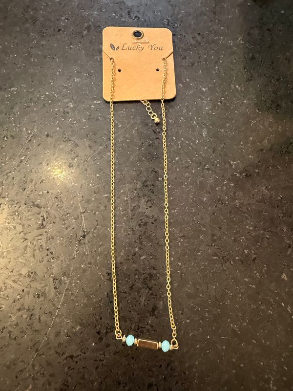 Gold Bar w/ Teal Beads Necklace