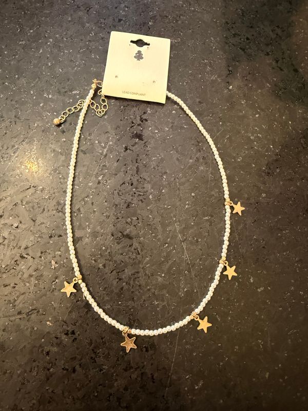 White Beads Gold Stars Necklace