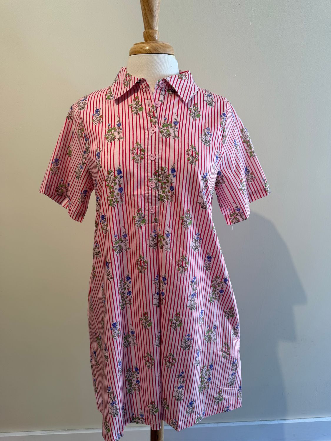 Macy Red Stripe Floral Pleat Dress