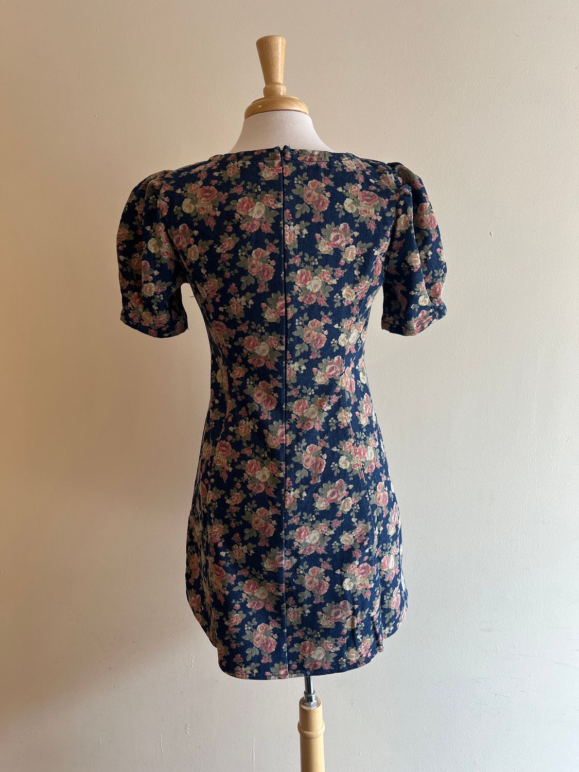 Kacie Floral Puff Denim Dress, Size: Small